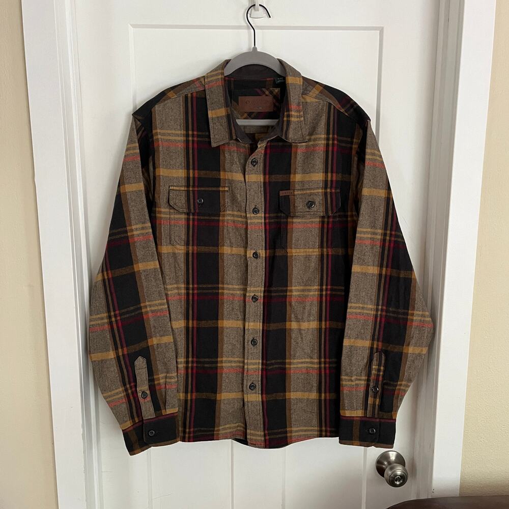 Orvis Big Bear Flannel Shirt Men's XL Black Brown Gold Orange
